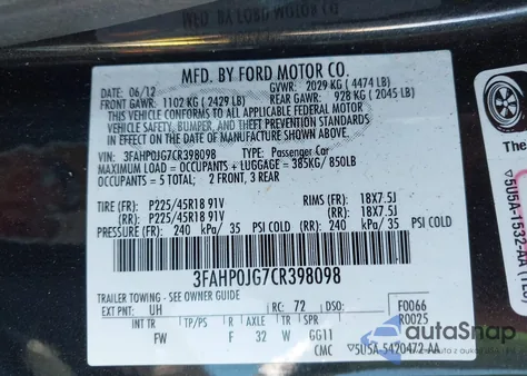 2012 Ford Fusion Sel from USA, damaged, VIN 3FAHP0JG7CR398098